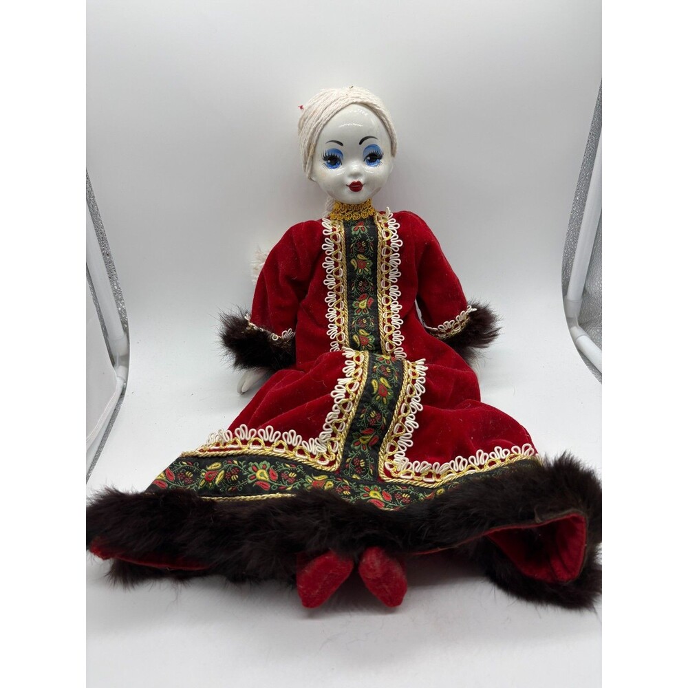 Vintage Russian Porcelain Doll Red Velvet Folk Costume Fur Embroidered Dress 16"